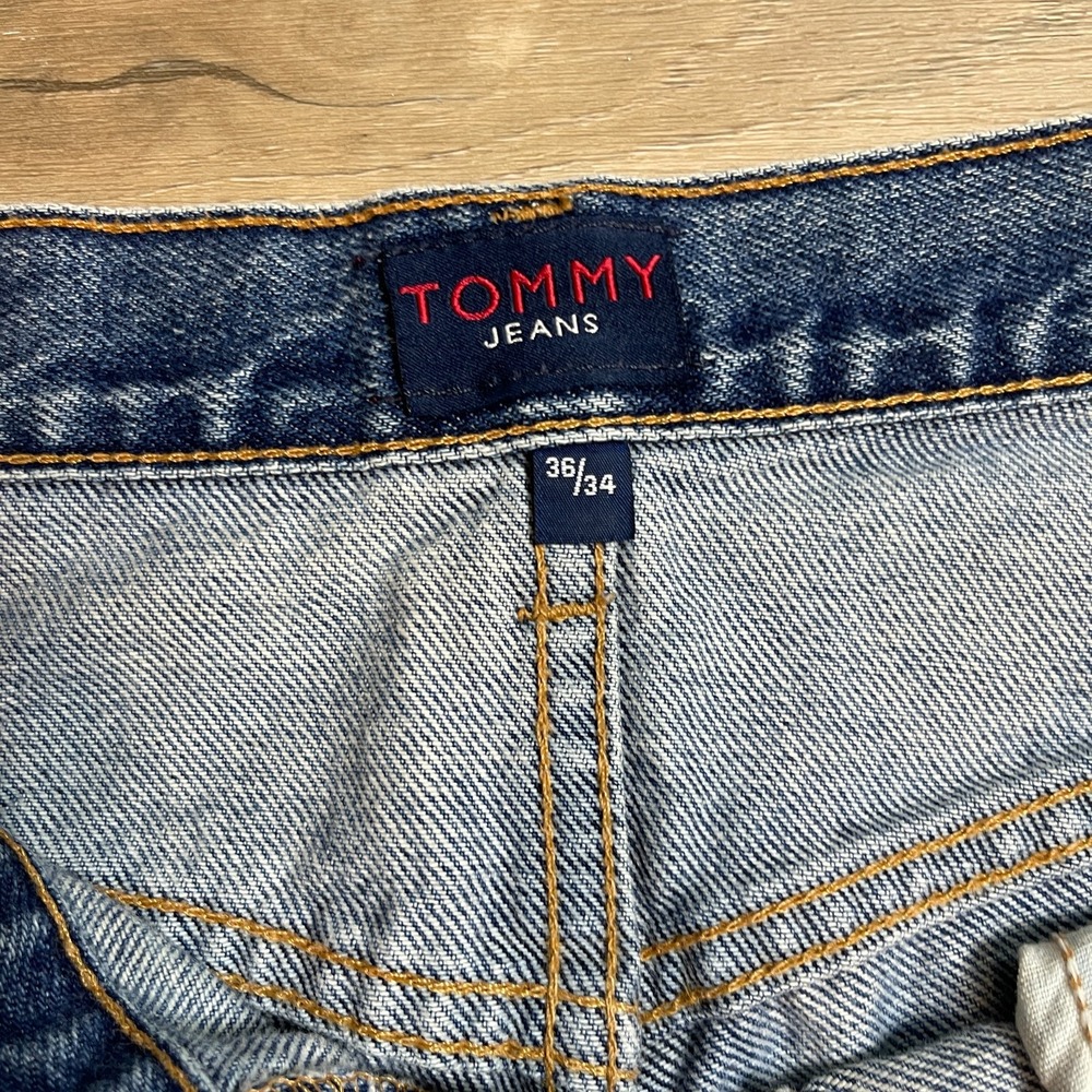 Vintage 90s Tommy Hilfiger Big Flag Patch Jeans Mens 36x34 Straight Leg Blue Den - Picture 5 of 11